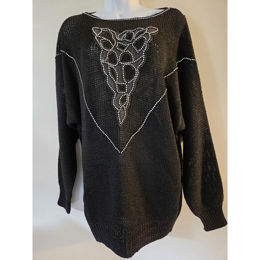 Nannell Sweater Black Tunic Womens M Embellished Rhinestones Rayon Wool Blend